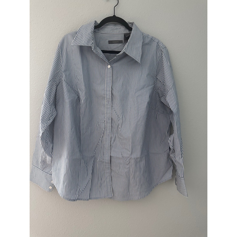 Liz Claiborne Blue White Striped Button Down Shirt Womens 16W Cotton Blouse